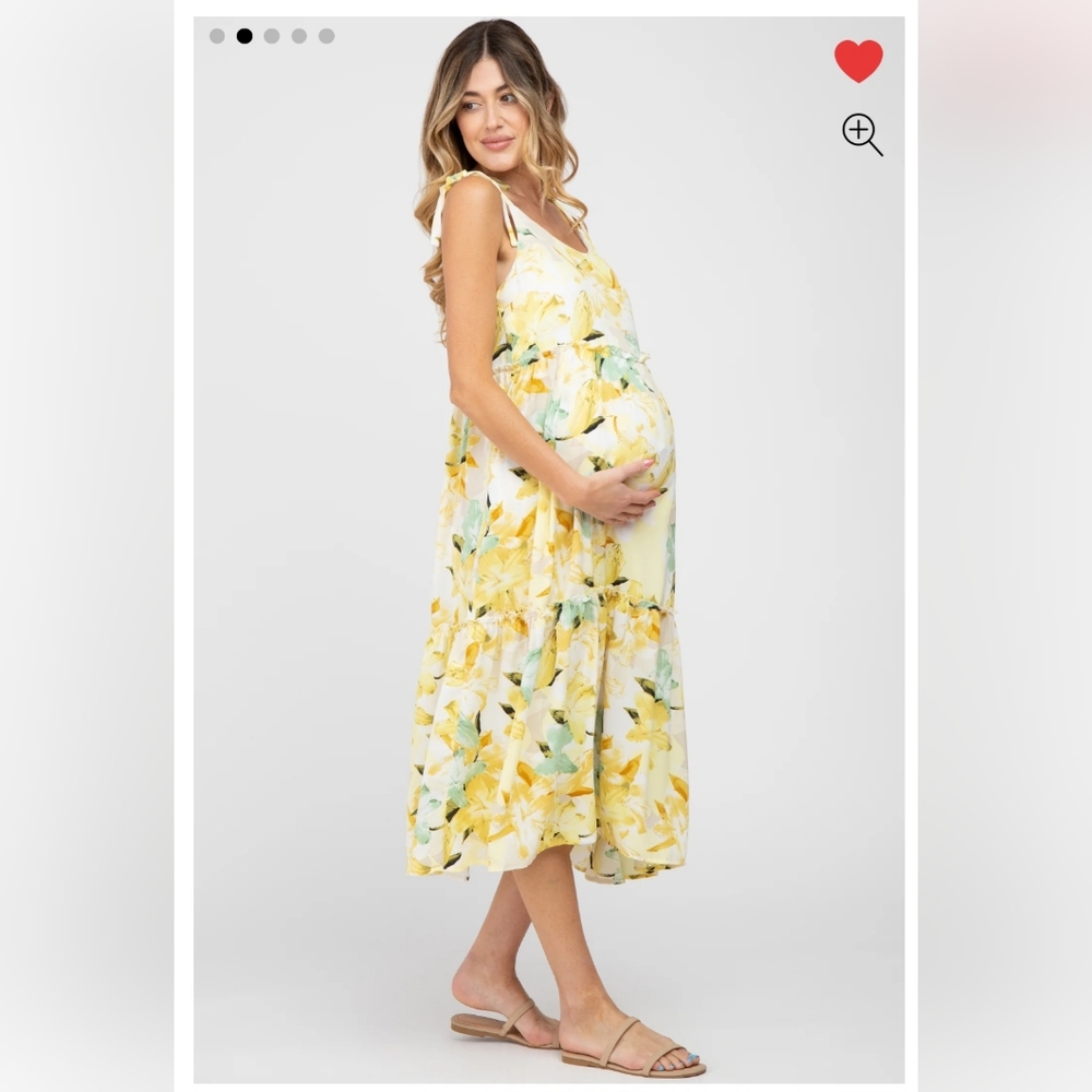 PinkBlush Yellow Floral Tiered Shoulder Tie Maternity Midi Dress